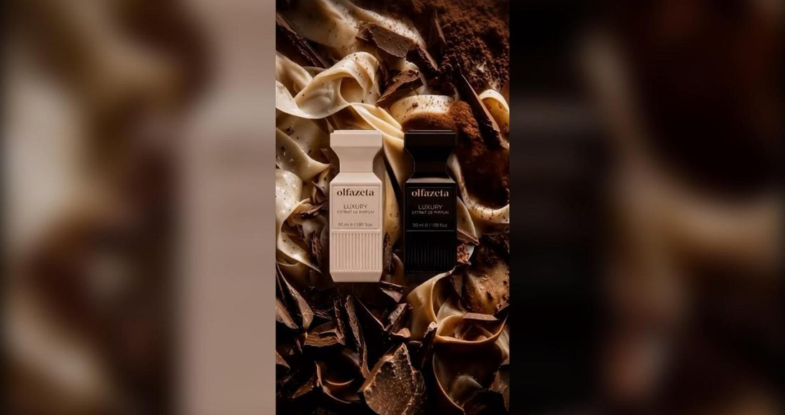 Deux flacons Olfazeta Luxury, clair et noir, sur des rubans de chocolat et de crème